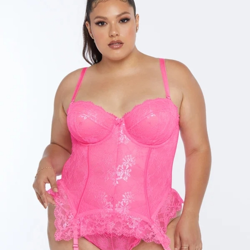 Savage X Fenty "Living In The Clouds"Hot Pink Lace Bustier with Garter Straps 2X